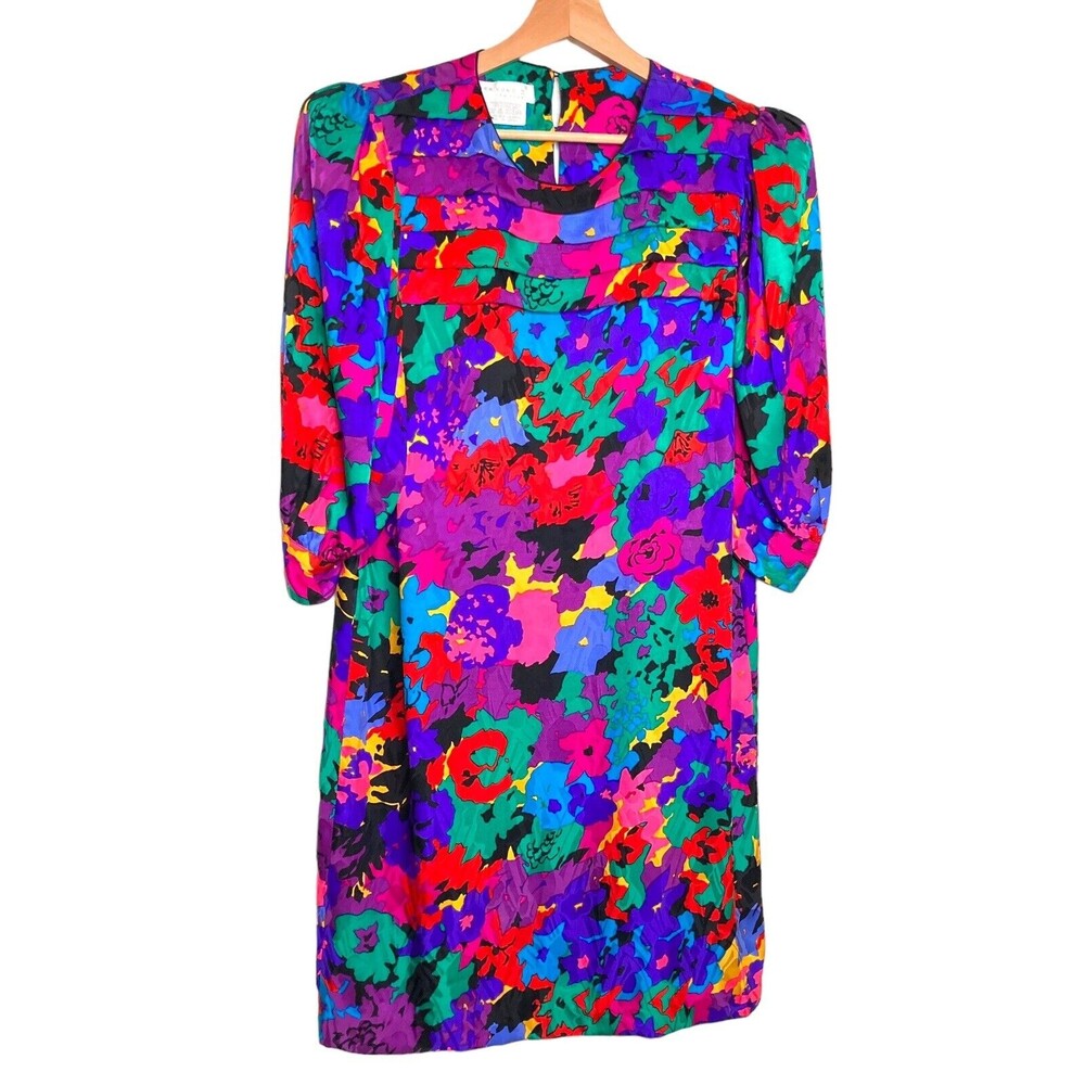 Flora Kung II New York Vintage Colorful 100% Silk Dress VTG Shoulder Pads Sz 10